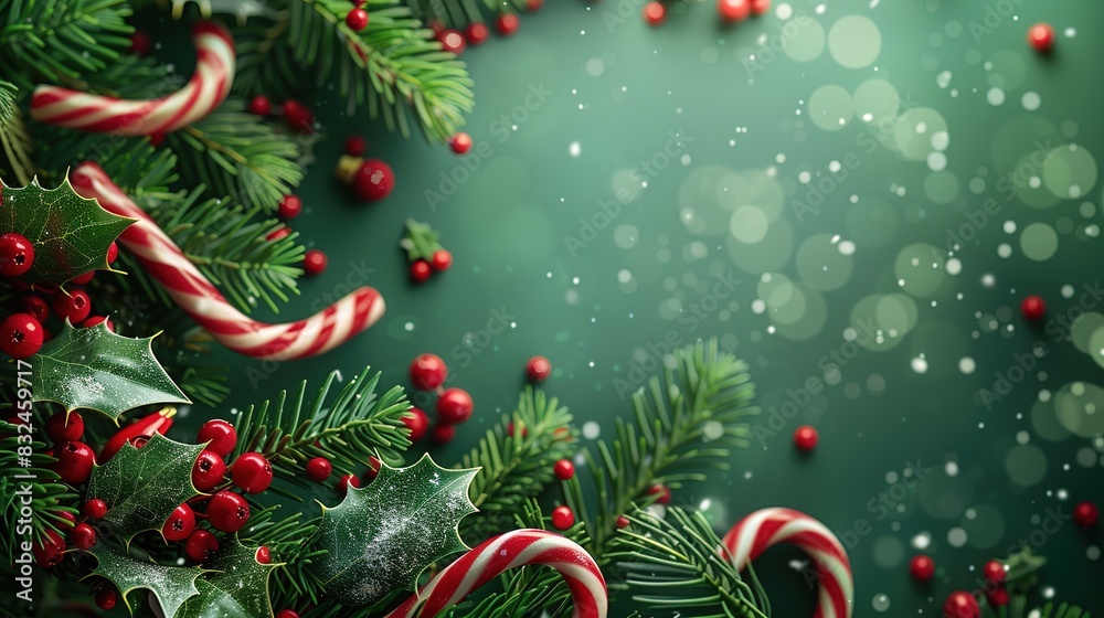 Christmas background with candy canes, holly leaves Christmas background with candy canes, holly leaves