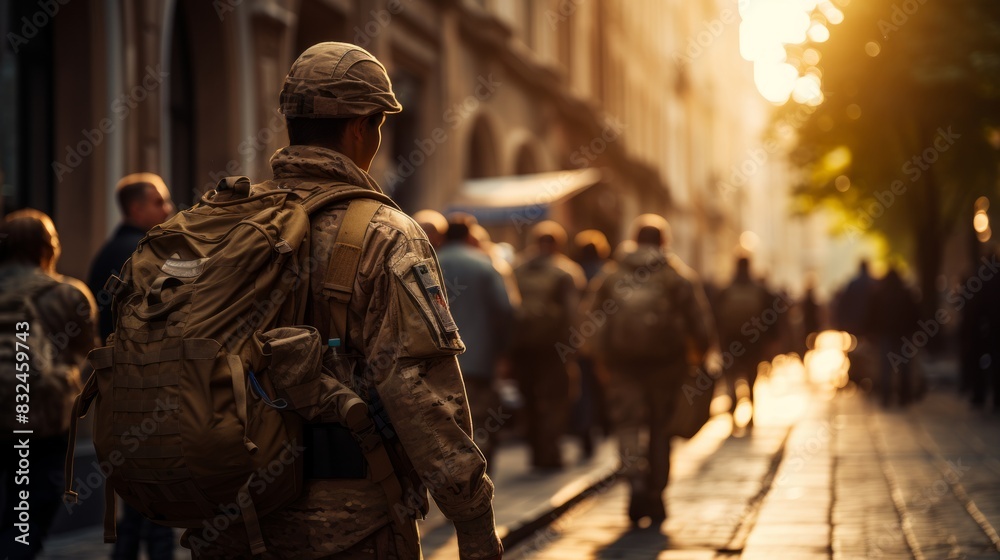 Rear view of a soldier walking on the street at sunset.