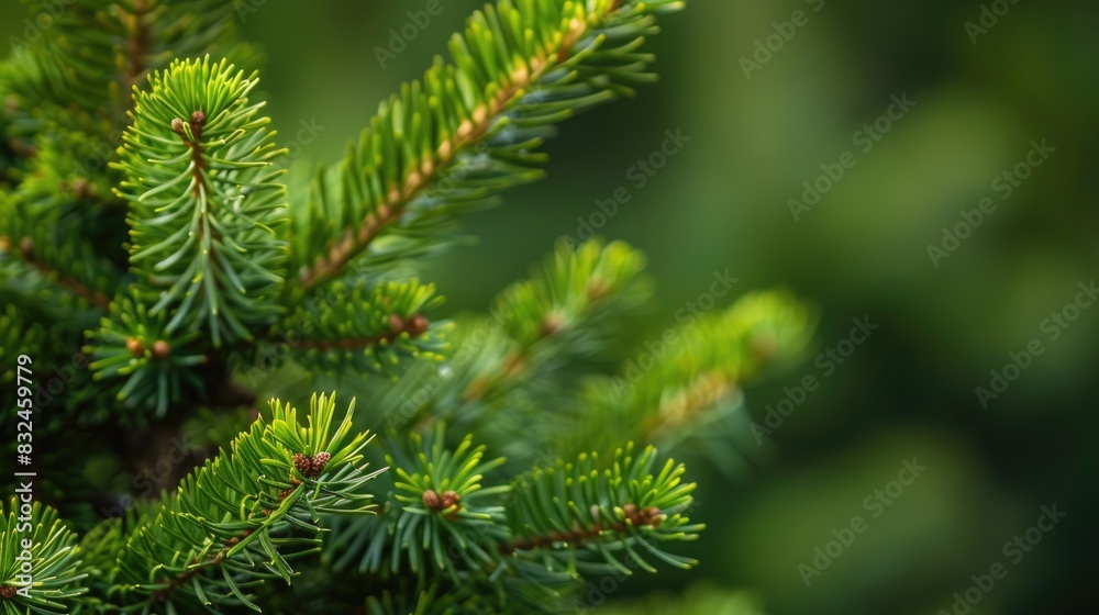 Close up of short conifer tree needles on a green background
