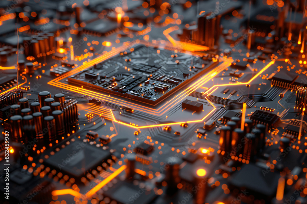CPU Neon Flow: A Futuristic Representation of Advanced Technology with Orange Data Flowing Across a Microchip and Motherboard CPU Neon Flow: A Futuristic Representation of Advanced Technology with Orange Data Flowing Across a Microchip and Motherboard