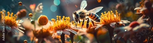 Honeybee collecting nectar from a bright flower, pollen visible on its legs close up, busy pollination, vibrant, overlay, blooming garden backdrop photo