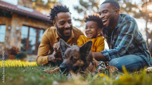 High-detail photo of a family playing with their pet in the yard, all smiling photo