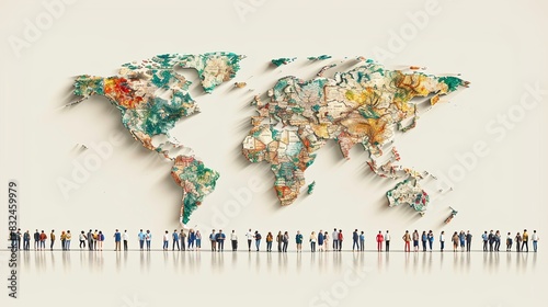 A world map and a row of silhouettes of people below. Illustration. World Population Day