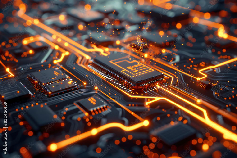 CPU Neon Flow: A Futuristic Representation of Advanced Technology with Orange Data Flowing Across a Microchip and Motherboard CPU Neon Flow: A Futuristic Representation of Advanced Technology with Orange Data Flowing Across a Microchip and Motherboard