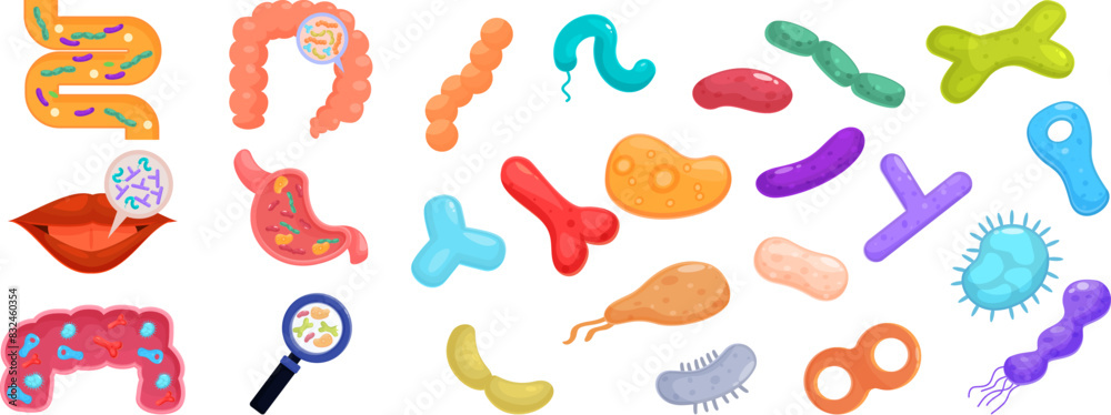 Lactobacilli icons set vector. A collection of cartoonish drawings of various body parts and germs. Scene is lighthearted and playful, with the various shapes and colors of the drawings creating a Lactobacilli icons set vector. A collection of cartoonish drawings of various body parts and germs. Scene is lighthearted and playful, with the various shapes and colors of the drawings creating a