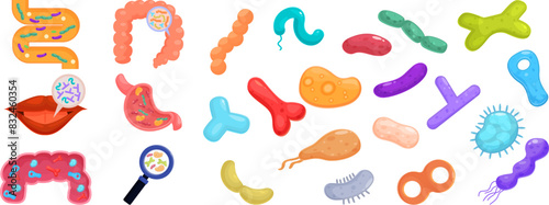 Lactobacilli icons set vector. A collection of cartoonish drawings of various body parts and germs. Scene is lighthearted and playful, with the various shapes and colors of the drawings creating a