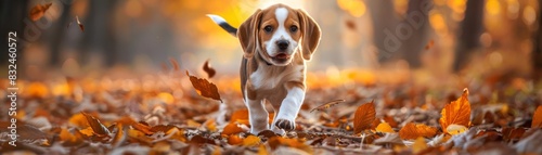 Adorable beagle puppy frolicking in autumn leaves, set against a vibrant fall forest backdrop, capturing the essence of seasonal joy and adventure.