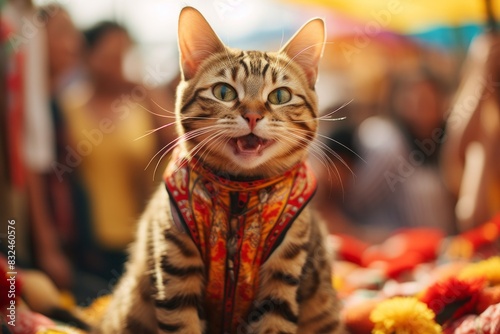Portrait of a smiling javanese cat while standing against vibrant festival crowd