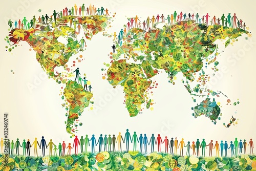 A world map and a row of silhouettes of people below. Illustration. World Population Day photo