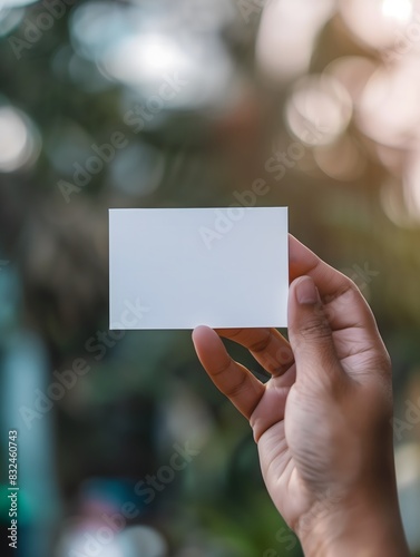 A person holds a blank card in a lush green forest with sunlight streaming through the trees, creating a serene and peaceful atmosphere. Generative AI