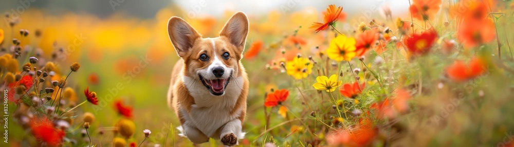 Happy corgi running through a vibrant field of colorful wildflowers on a sunny day, enjoying nature and looking cheerful. Happy corgi running through a vibrant field of colorful wildflowers on a sunny day, enjoying nature and looking cheerful.