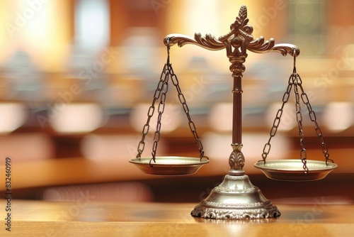 Scales of Justice: Symbol of Law and Order in Courtroom Setting.