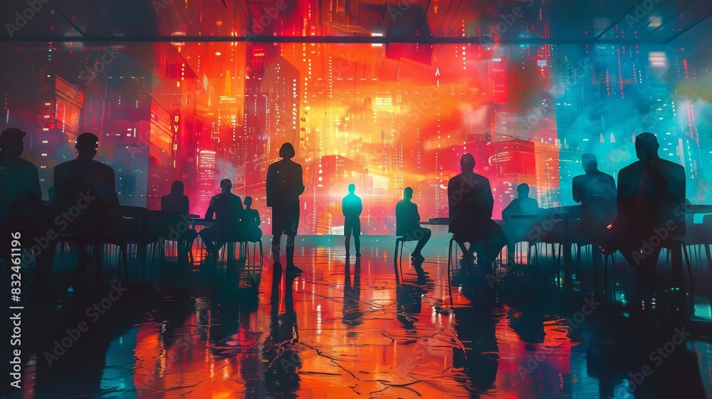 Silhouetted figures gather in a vibrant, futuristic cityscape illuminated by neon lights, showcasing modern urban life and technology. Silhouetted figures gather in a vibrant, futuristic cityscape illuminated by neon lights, showcasing modern urban life and technology.
