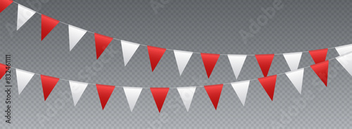 Obraz na płótnie Bunting flags, carnival party flags, white and red festive pennants hanging on a rope. Festival vector decoration. w salonie
