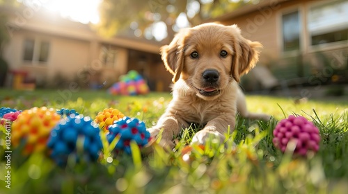 Adorable golden retriever puppy in a backyard playing with colorful balls on a sunny day. Perfect for pet lovers and animal enthusiasts. photo