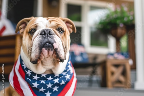 Patriot Bulldog dog celebrating 4th of July wearing bandana with stars and stripes USA flag sitting by a porch