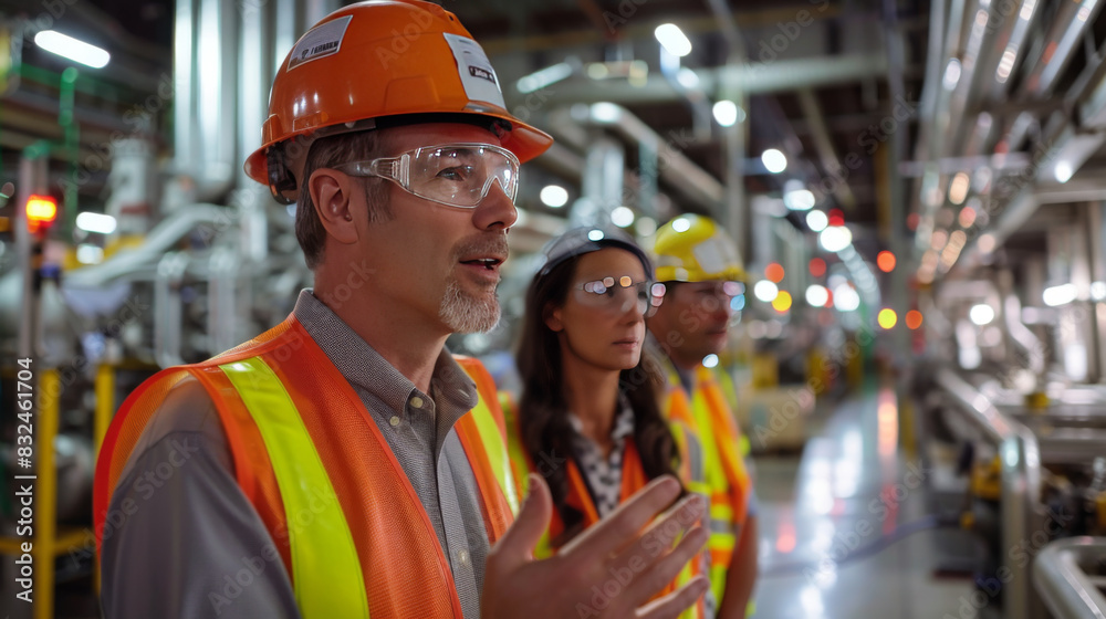 Group of factory workers in safety gear discussing operations inside a manufacturing plant, highlighting teamwork and industrial environment. Group of factory workers in safety gear discussing operations inside a manufacturing plant, highlighting teamwork and industrial environment.