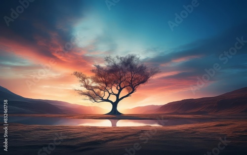 Isolated tree in the vast desert, morning light creating a silhouette effect focus on solitary beauty, ethereal, double exposure, sunrise sky backdrop