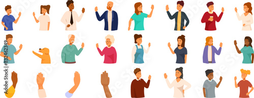 Giving high five icons set vector. A group of people are waving at the camera. The people are of different ages and races. Some are wearing ties and others are not. The people are all standing in a