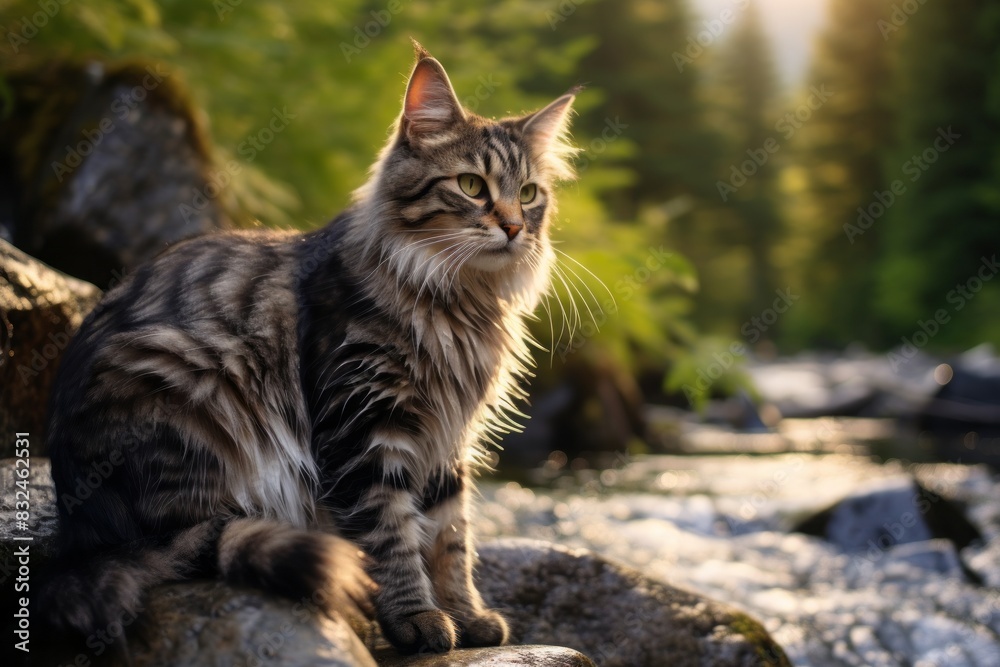 Portrait of a happy american bobtail cat isolated on tranquil forest stream Portrait of a happy american bobtail cat isolated on tranquil forest stream