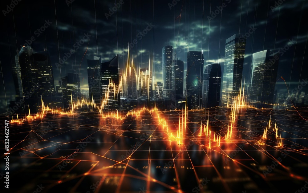 Obraz premium Lightning striking financial charts representing economic depression selective focus, financial crisis, vibrant, overlay, trading floor backdrop