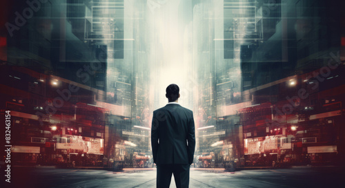 Businessman in front of modern city with double exposure of lights.