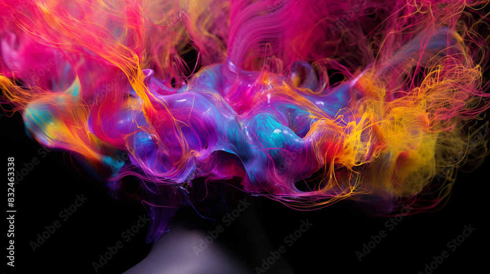 colorful smoke from human head spreading on black background; concept of mind and thoughts exploding from brain and building body health; psychology, disorders, personality, human behavior patterns