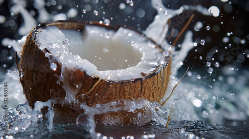 Breaking coconut, coconut milk, close-up, juicy coconut photo