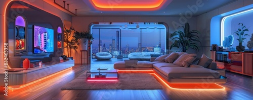 Modern futuristic living room with vibrant neon lighting, contemporary furniture, and large windows overlooking cityscape at dusk.