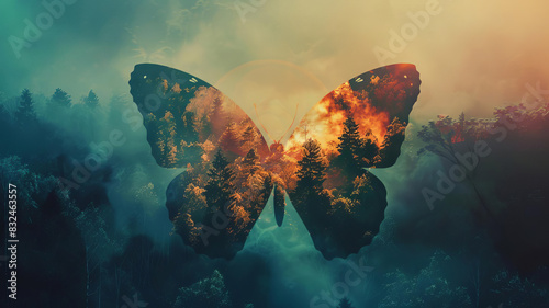 Butterfly in silhouette with forest and trees  close up  focus on  rich colors  Double exposure silhouette with natural elements