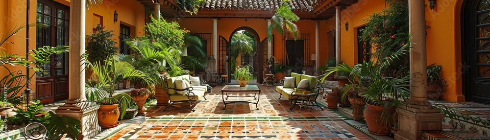 Fototapeta premium Beautiful courtyard with lush green potted plants, tiled floor, and archway entrance under a clear sky in a warm, sunny locale.