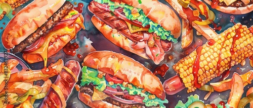 Colorful watercolor illustration featuring a variety of delicious fast food items including burgers, hotdogs, fries, and corn on the cob.