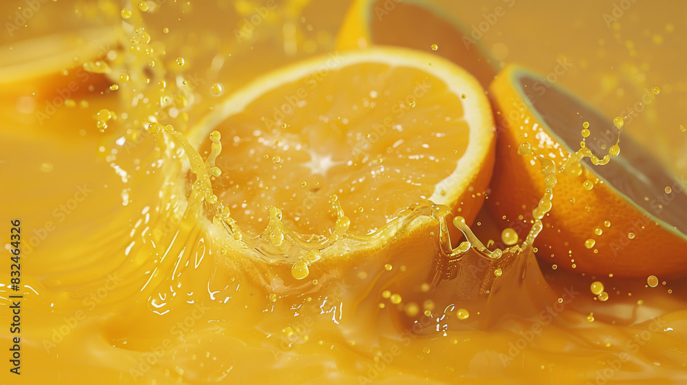Juicy orange slices falling into the water, close-up Juicy orange slices falling into the water, close-up