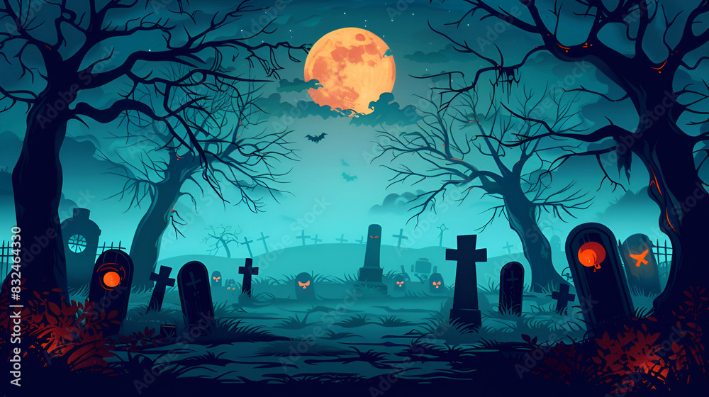 Obraz premium halloween night scene with tombstones and bats