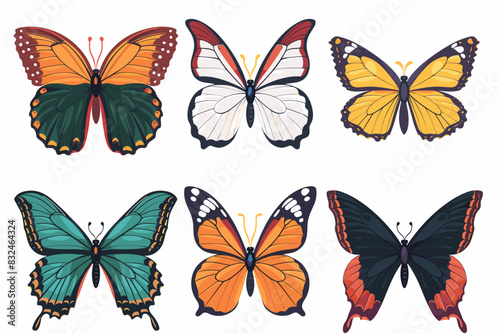 Set of tropical butterflies with colorful wings. Collection of Gorgeous exotic moth or insects  top view. Cute cartoon tropical butterflies isolated