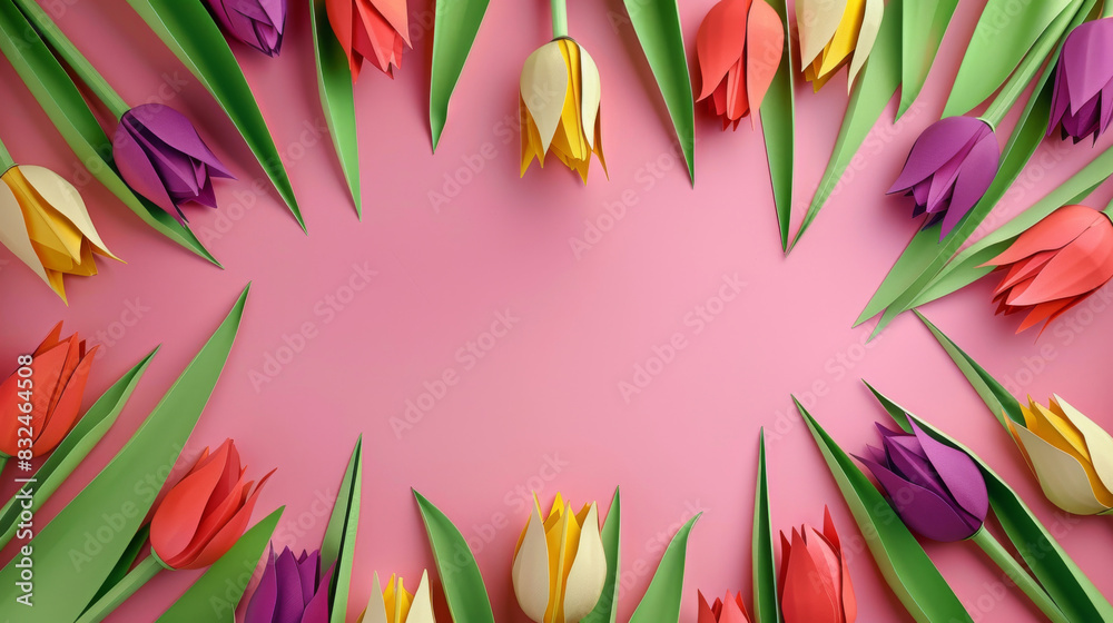 A colorful spring bouquet of paper tulip flowers is arranged in a circle frame on a pink background