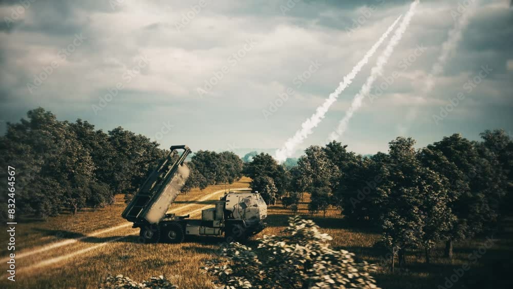Launch of ballistic missiles. HIMARS rockets are launched from a mobile launcher