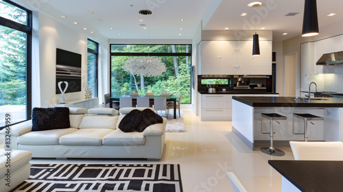 Luxury open plan living room and kitchen in white and black color, modern minimal style interior design.