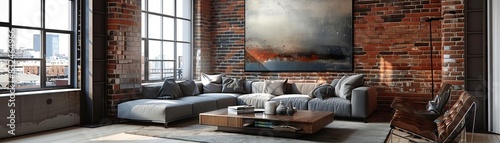 Modern industrial loft living room with large windows, exposed brick walls, contemporary furniture, and abstract artwork on the wall. photo