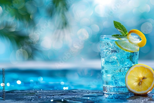 blue cocktail with a fresh lemon next to blue water banner photo
