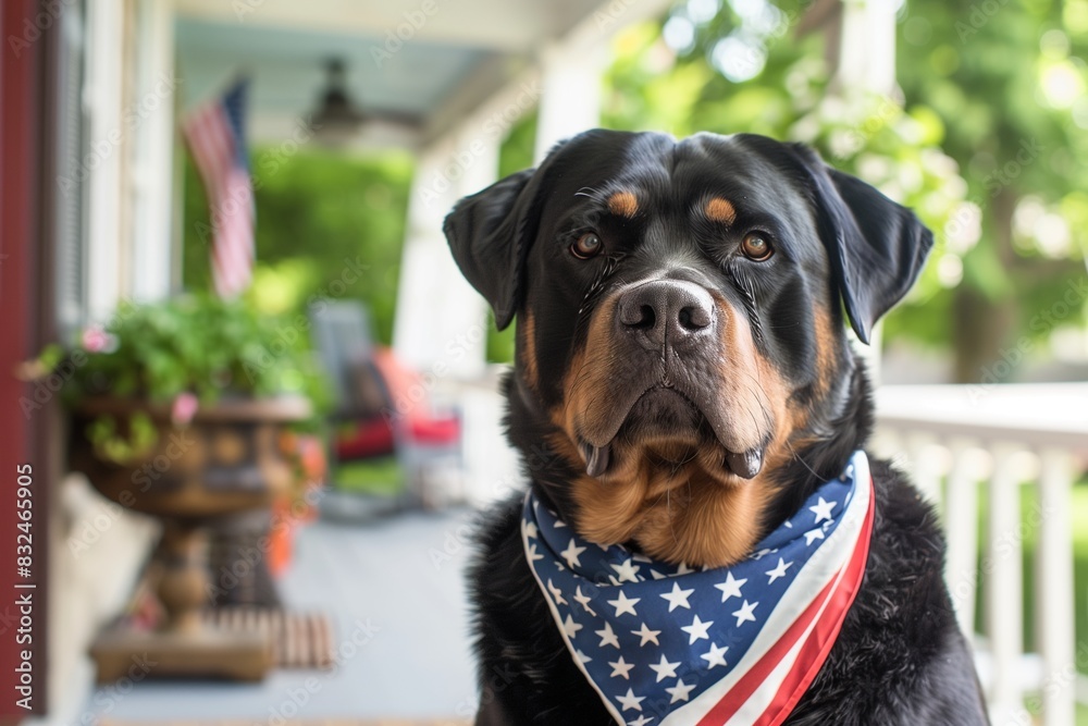 Patriot Rottweiler dog celebrating 4th of July wearing bandana with stars and stripes USA flag sitting by a porch