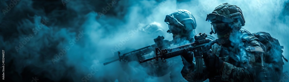 Obraz premium Two soldiers armed with rifles navigate through smoke in a tactical maneuver, shrouded in blue light, showcasing military readiness and action.