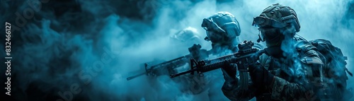 Two soldiers armed with rifles navigate through smoke in a tactical maneuver, shrouded in blue light, showcasing military readiness and action. photo