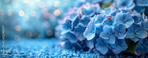 blue hydrangea with a lot of empty bokeh background , banner