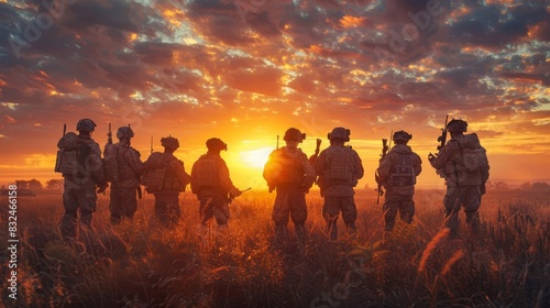 Silhouetted soldiers at sunrise, ready for action in a field, displaying comradeship and strength with a dramatic sky in the background.