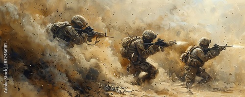 Three soldiers in action, running through a battlefield with rifles, surrounded by clouds of dust and smoke, showcasing military combat.