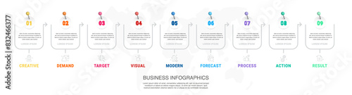 Vector modern infographic flat template pin and circles for diagram, presentation with arrows. Business concept with nine options and marks. Blank space for content, step for step, timeline, workflow