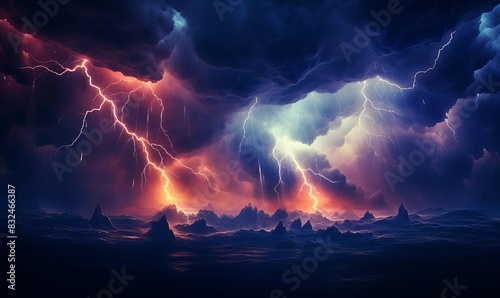 Hailladen thunderstorm with lightning bolts flashing through the clouds, intense and dark atmosphere close up, wild weather, vibrant, overlay, tempestuous backdrop