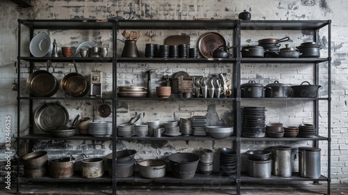 Industrial kitchen shelf with copper pots and pans