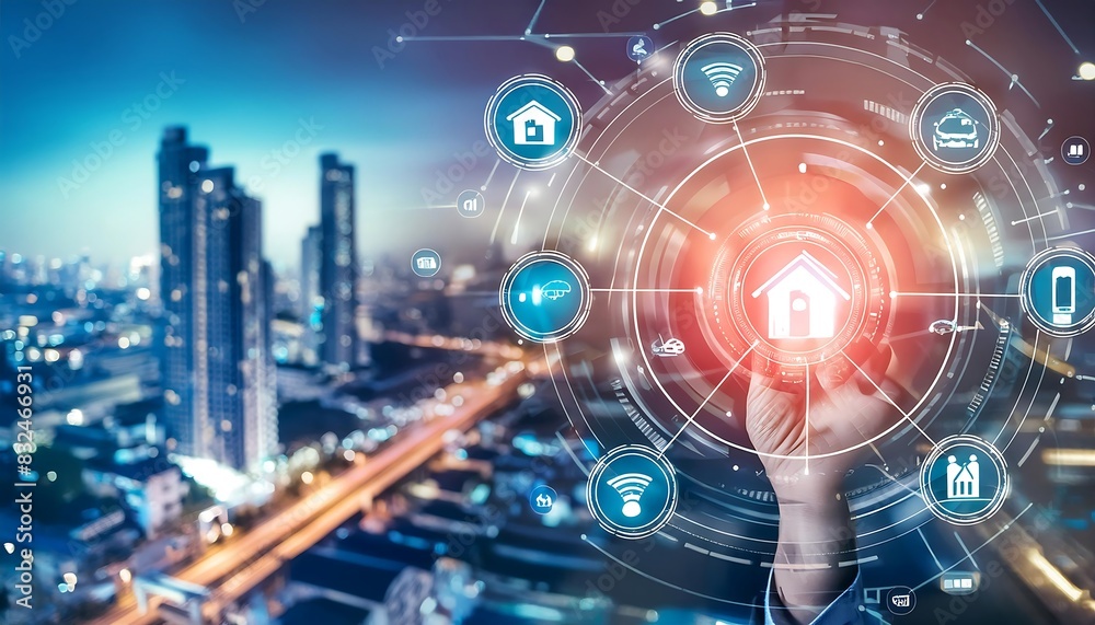 smart homes and cities with interconnected devices, illustrating the Internet of Things in action, wearable technology
